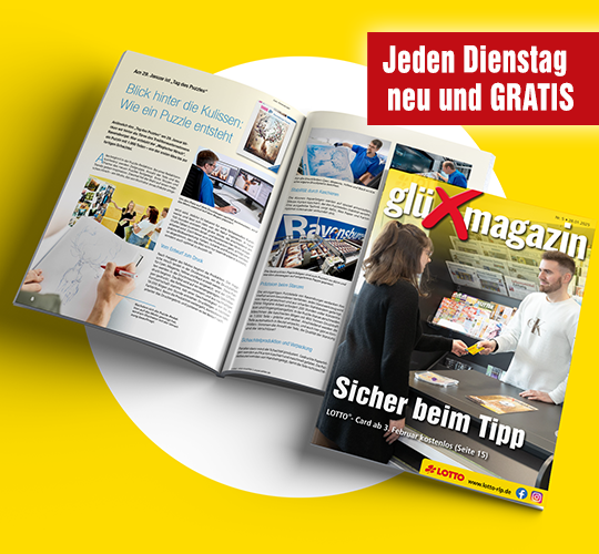 Zu sehen ist die Titelseite des Glücksmagazins und in aufgeschlagener Form. 